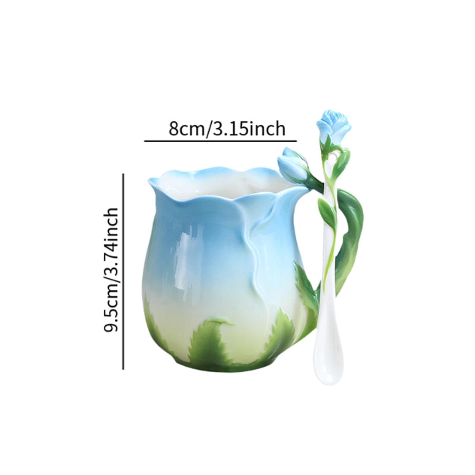 Ceramiczny kubek do kawy z łyżeczką, 10,8 uncji, niebieska porcelana, kubek poranny do latte, soków, gorących napojów, mlecznej herbaty, kubek popołudniowy z motywem kwiatowym(Blue)