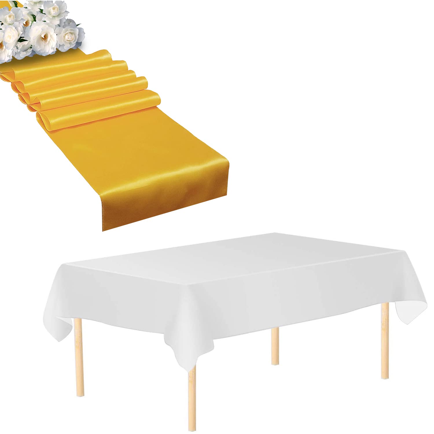 Trimming Shop White Tablecloth & Gold Satin Table Runner Set, 2pcs