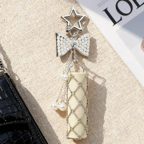 Image of MAYCREATE Bag Charms Y2K Metal Net Lipstick Holder Keychain with Touch Up Mirror, Fashion Golden Makeup Lipstick Balm Organizer Portable Chic Bag Charm Accessories