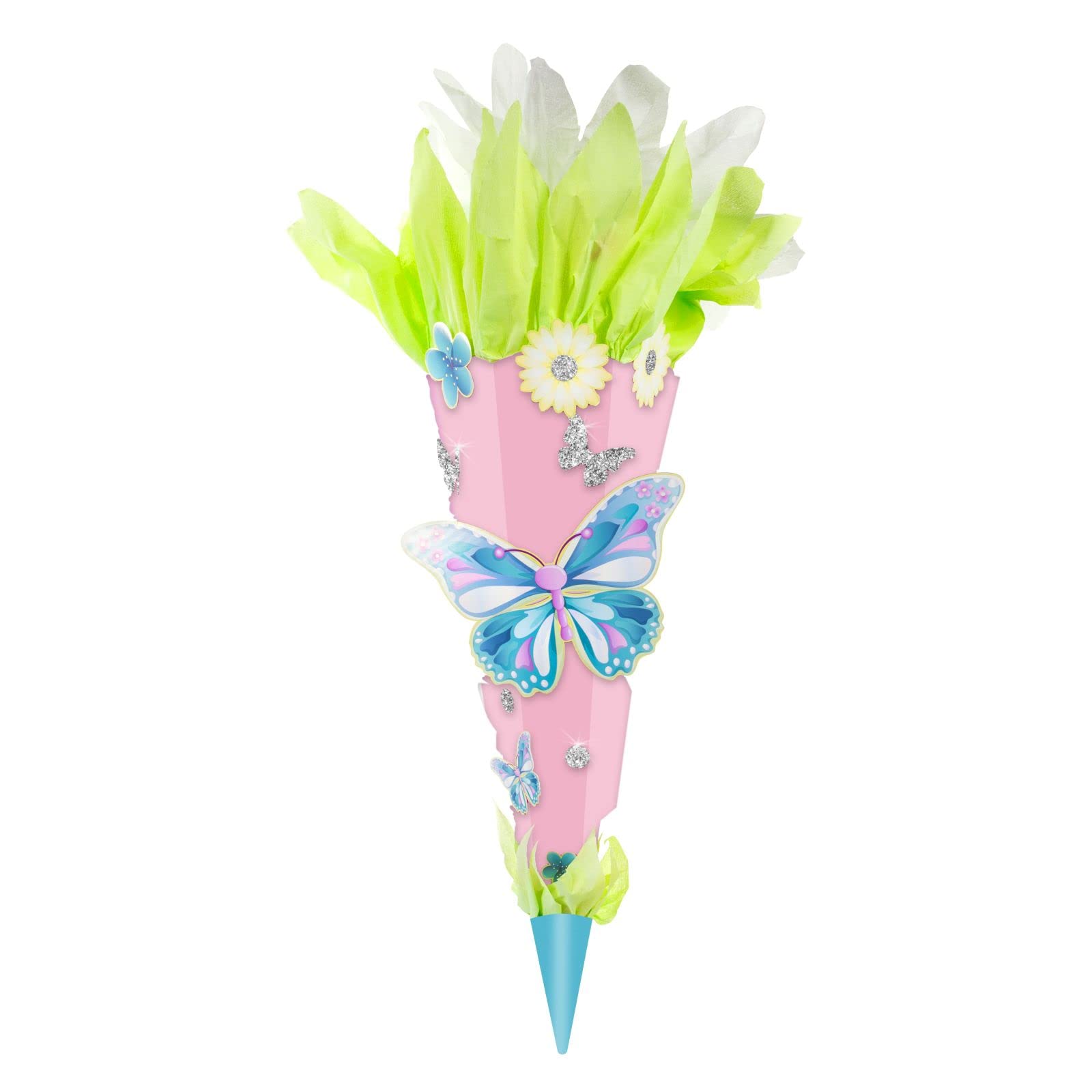 Schultüten-Bastelset Schmetterlinge – ca. 70 cm, rosa sechseckige Zuckertüte aus Karton