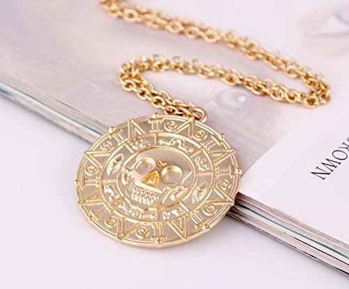 Round Gold Coin Skull Necklace Pendant Dress Accessory Movie Pirates of The Caribbean Medal Necklace Retro Jewelry (Gold2