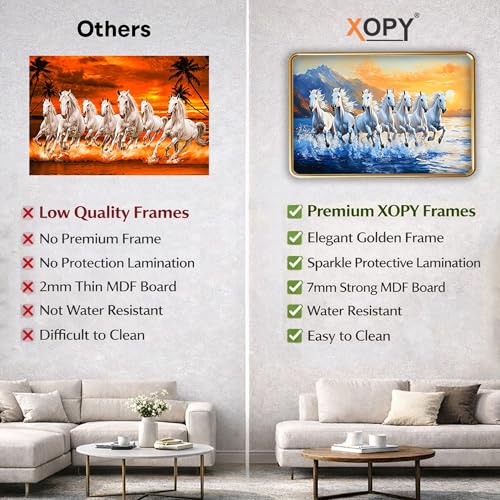 Image of XOPY Seven Running Horses with Golden Frame | Vastu 7 horses Raw Pyrite Painting for Home, Office & Living Room Wall Decore | 12X18 Inch Sparkle Laminated Frame | Best For Gifting (53324, 12X18)