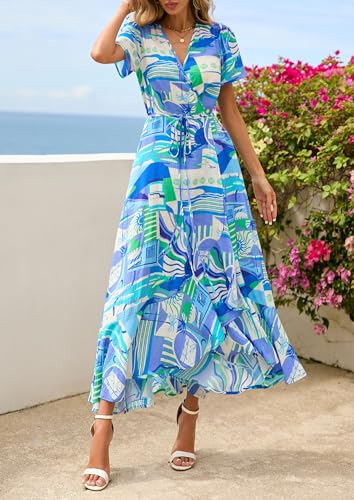 Image of PRETTYGARDEN Women's Summer Wrap Maxi Dress Casual Boho Floral V Neck Short Sleeve Ruffle Hem Split Beach Long Dresses