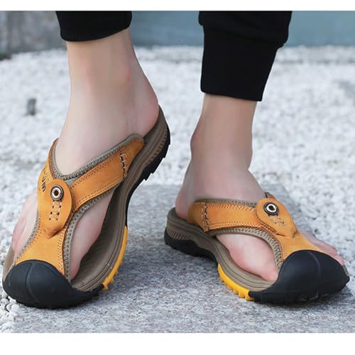 MILDSEVEN Handmade Men's Large Size Hiking Sandals, Fashion Real Leather Closed Toe Slippers, Outdoor Breathable Backpacking Beach Shoes,8,Gold3
