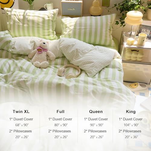 Image of EAVD Green Striped Duvet Cover King Soft Washed Microfiber Chic Vertical Striped Bedding Set with 2 Pillowcases Reversible Farmhouse Geometric Duvet Cover with Zipper Closure