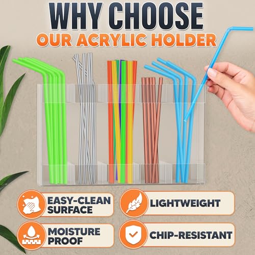 Image of 9.5 inch Large Acrylic Straw Holder for Cabinet Door with Stickers - Peel and Stick Straw Holder for Drawer, for Straws, Makeup Brushes, Kitchen Utensils - Includes Strong Adhesive Tape for Easy Mounting
