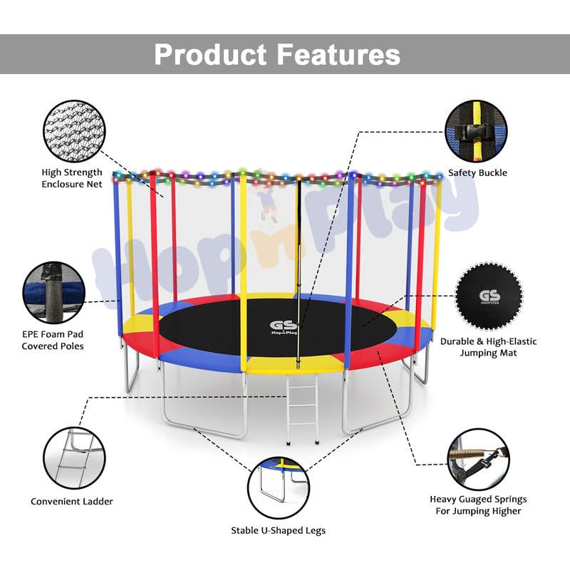 Image of Hop N Play Festive Edition 16 feet Heavy-Duty Jumping Trampoline for Adults & Kids with Safety Net, Remote-Control Waterproof LED Lights- Perfect for Indoor & Outdoor, Bouncer, Supports Up to 300kg