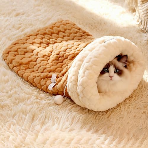 Wag&Wink 保温アップグレード 秋冬 ペット用寝袋 布団 猫ベッド 冬 暖かい 防寒 ハート柄 もこもこ ハウス 保温小型犬 猫 寝床 可愛い 柔らか 顎のせ 綿フランネル+コールテン+ファー ブルーグレー/ココアブラウン (ココアブラウン)