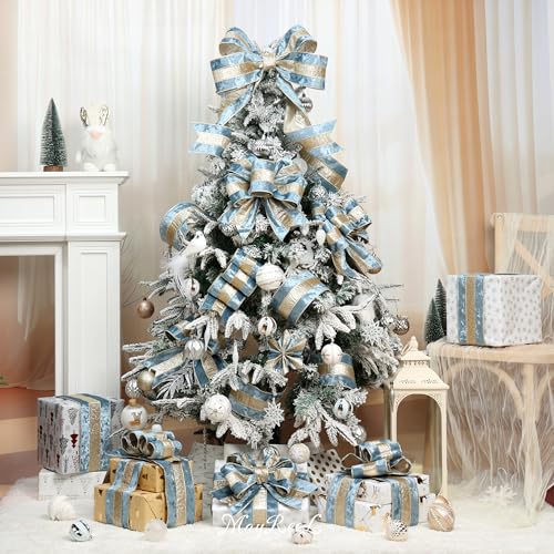 MAYREEL Dusty Blue Crushed Velvet Wired Ribbon 4 Inch Extra Wide Christmas Ribbon with Champagne Gold Glitter Stripe, 10-Yard Roll for Christmas Tree, Wreaths, Bows & Elegant Holiday Décor by MAYREEL - Image 6