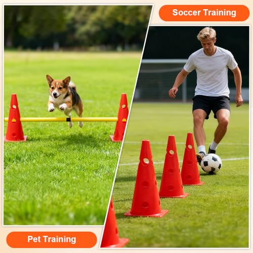 Weciau Steckhürdenset, Agility Set Hunde mit 8 Kegel(32cm) + 4 Stangen(80cm), Cavaletti Hund für Koordinationstraining, Pylonen Hundetraining, Einstellbare Trainingshürden für Hunde Teamsport Fussball