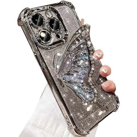 Changjia for iPhone 15 Pro Max Glitter 3D Butterfly Case,Cute Bling Sparkle Liquid Flowing Diamond Foldable Butterfly Kickstand with Camera Lens Protector Women Girls Case for iPhone 15 Pro Max,Silver Cover