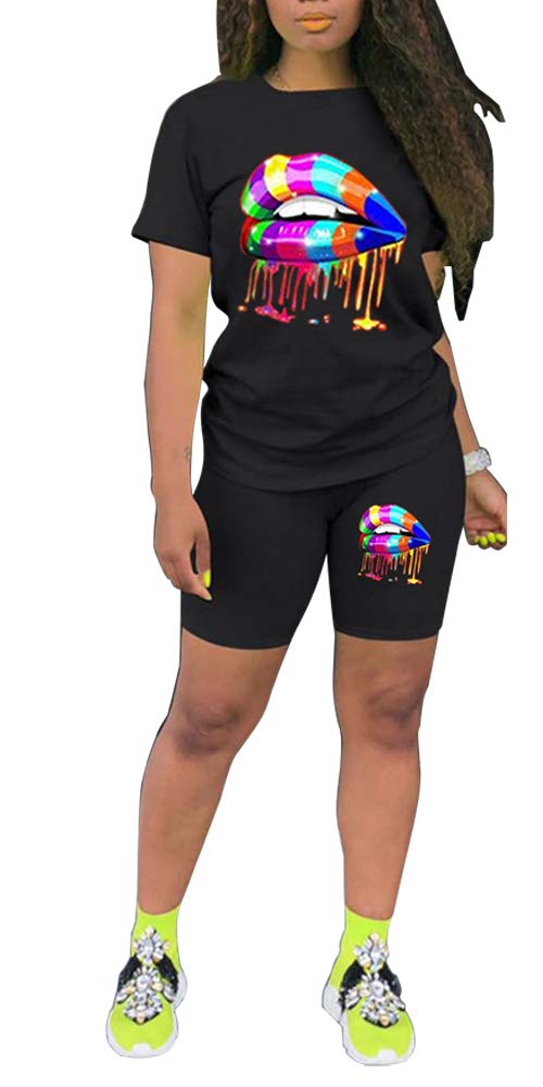 Women's Short Sleeve 2 Piece Outfit Sequins Lips Print Sweatshirts Tracksuit Shorts Set Bodycon Sweatsuit