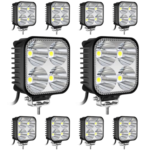AnTom 10 PCS Faro de trabajo 2.8 Pulgadas Focos Led 68W Mini 12V 24V Square Faros 3,500LM 6000K IP68 Impermeable -Dos modelos Siempre encendido y parpadeante para Moto ATV SUV Tractor Camión Barco