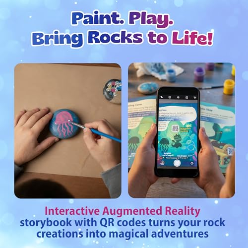 Pinwheel Crafts Rock Painting Kit for Kids Ages 6-12 –14 Rocks, 16 Acrylic Paints (Glow & Metallic), 2 Glitter Glues, Brushes, Stickers, Gems & Googly Eyes – Fun Kids Craft Kits for Boys & Girls