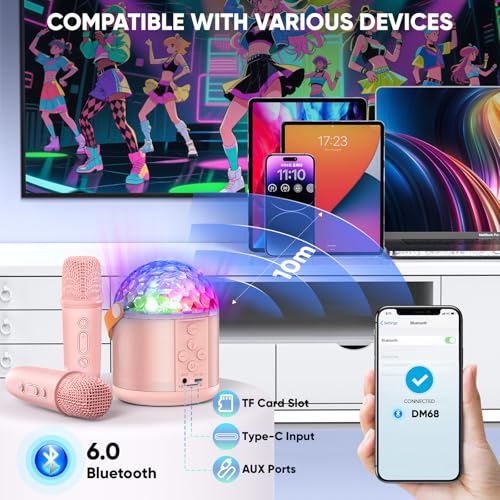 Image of Mini Karaoke Machine for Teens Kids, Birthday Party Gifts Toys for Girl Ages 4 5 6 7 8 9 10 11 12+ Years Old, Portable Bluetooth Speaker with 2 Wireless Microphones and Disco Lights