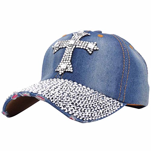 BAOBAO Women Denim Blue Bling Studded Cross Crystal Rhinestone Baseball Cap Hat