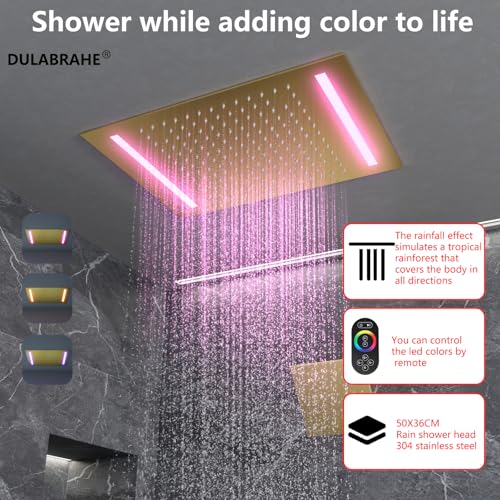 Sistema de Ducha Termostático Inteligente 14 X 20 Pulgadas Cabezal de Ducha LED de Lluvia para Techo, Mezcladora para Baño, Set con Jet Corporal en Bronce Cepillado miniatura 5