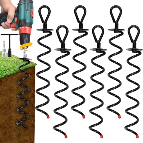 6 Pack Ground Anchors 15.3" Heavy Duty Earth Anchors with T Handle Hex Wrench & Drill, Earth Anchors Metal Ground Stakes Ground Anchors Screw in for Swing, Trampoline, Tents, Securing Animals