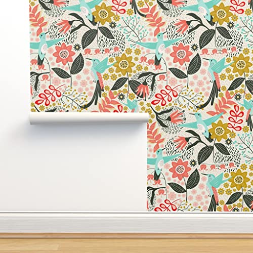 Amazon Crazy 🔥 Deals Peel & Stick Wallpaper 9ft x 2ft - Hummingbird Birds World Floral Pink Mustard Teal Custom Removable Wallpaper by Spoonflower