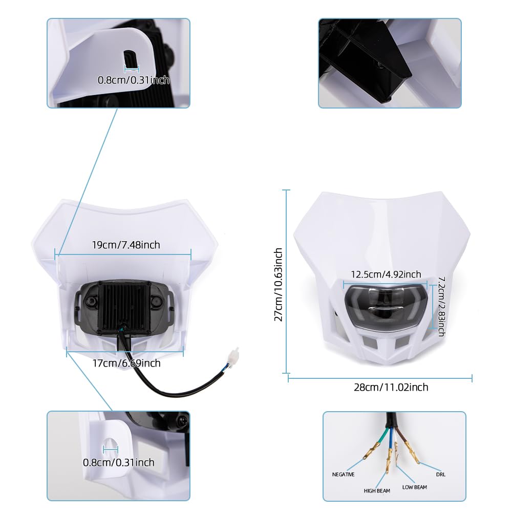 Faro anteriore universale a LED per moto con mascherina per KLX WR YZ XR CRF 150 230 250 450(Bianco)
