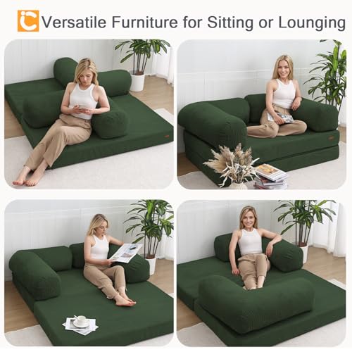 COMAX Futon Sofa Bed, 4-in-1 Floor Foldable Sofa Couch Bed Queen with L-Shaped Armrests, Convertible Folding Chair Bed Sleeper Mattress Fold Out Comfy Lounge for Living Room Bedroom, Green