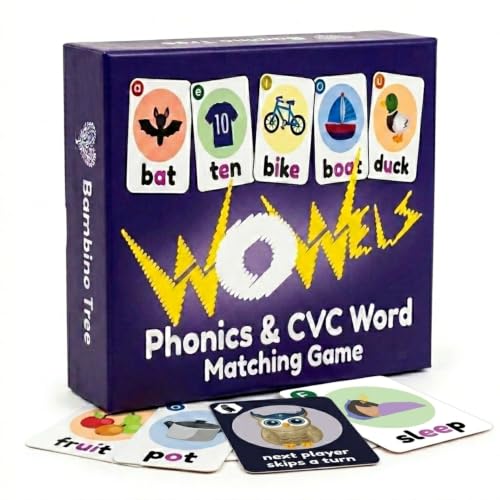 Image of THE BAMBINO TREE WOWELs Phonics and Vowel Sounds Card Game - Learn to Read Kindergarten 1st 2nd Grade Learning - Short Vowel CVC Words and Long Vowel Matching Game 2-8 Players