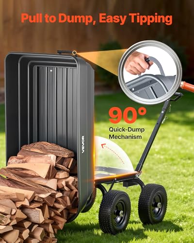 Image of VEVOR 7 Cu.Ft 1200LBS Poly Garden Cart Dump Wagon, Heavy Duty Wheelbarrow with 2-in-1 Convertible Handle and 13 inch Flat Free Tires, Utility ATV Trailer Yard Dump Cart Tow Behind for Lawn Mower Tractor