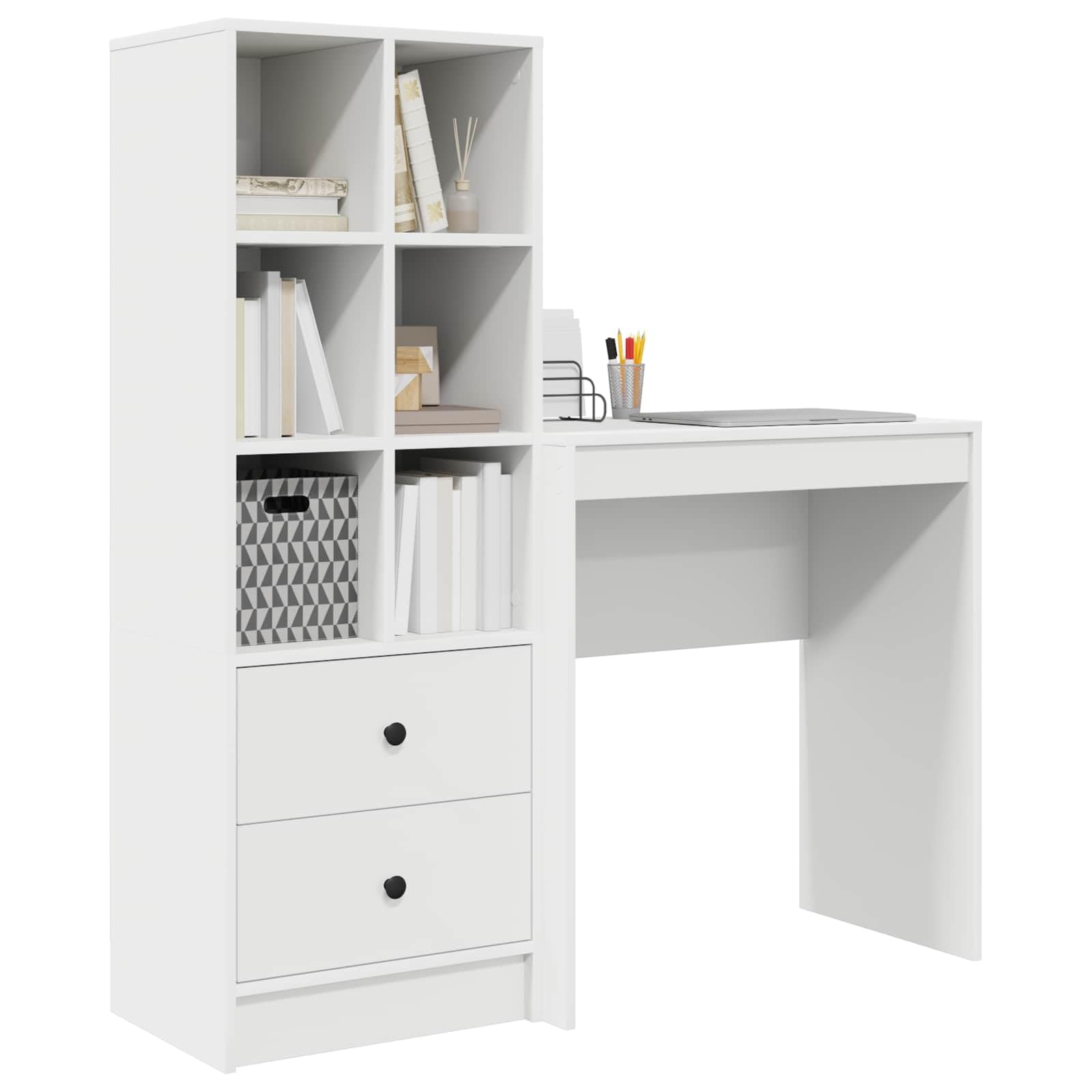 Schreibtisch mit Schubladen und Regal, weiß, 2-teiliges Set, Holzwerkstoff, 115,5 x 40 x 127 cm, Stauraum mit 6 Regalbrettern, ideal für Büro, Homeoffice und Arbeitszimmer