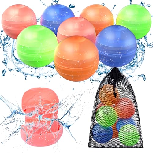 CloudValley Bombe a Eau Réutilisable en Silicone, Ballons D'eau Remplissage Rapide 8 Pcs et 1 Sac en Filet,Enfants Adultes pour l'été Fêtes de Piscine, Plage Jouets d'extérieur