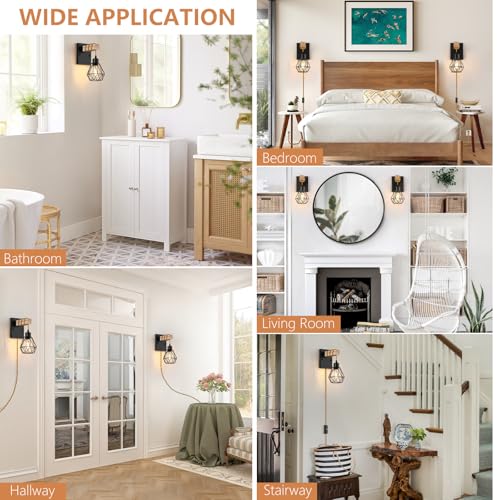 Image of Lomoky Farmhouse Wood Wall Sconces with Plug in Cord, Black Wall Sconces Set of Two, Wall Lamps that Plug into Wall Outlet, Vintage Sconce Lighting Wall Decor for Bedroom Living Room, with 5.58FT Cord