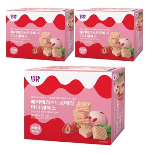 【韓国お菓子】バスキンロビンス ベリーベリーストロベリー ミニウエハース 100g×3箱セット|サクサク食感と甘酸っぱいストロベリークリームの絶妙な組み合わせ【並行輸入品】