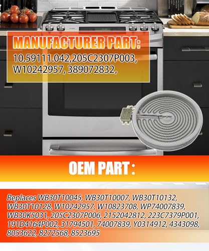 Image of WB30T10045 WPW10242957 Range Oven Radiant Surface Element Fits for GE Stove | 8 inch 2000 Watt Burner Replaces WB30T10132 WB30T10007 W10823708 WB30K5031 WP74007839 2152042812 223C7379P001
