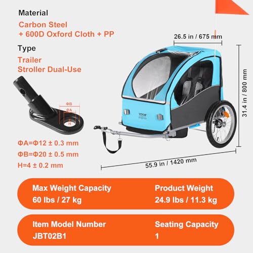 Vevor BIKE TRAILER 60 LBS LOAD Bike Trailer For Toddlers, Kids, 60 Lbs Load, Tow Behind Foldable Child Bicycle Trailer With Universal Bicycle Coupler, Canopy Carrier thumb #6