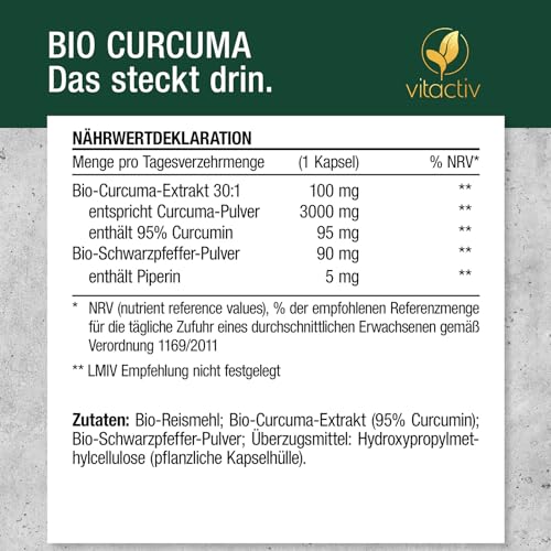 Vitactiv Natural Nutrition Bio Curcuma 3000 - Kurkuma hochdosiert - Curcuma Extrakt mit 95% Curcumin - Piperin für hohe Bioverfügbarkeit - Ohne Magnesiumstearat, Vegan-60 Curcuma Kapseln für 60 Tage