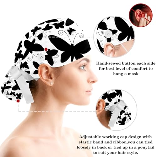 Image of Colored Butterflies Scrub Caps Women Ponytail, Adjustable Bouffant Surgical Caps with Button, Nurse Hats Long Hair