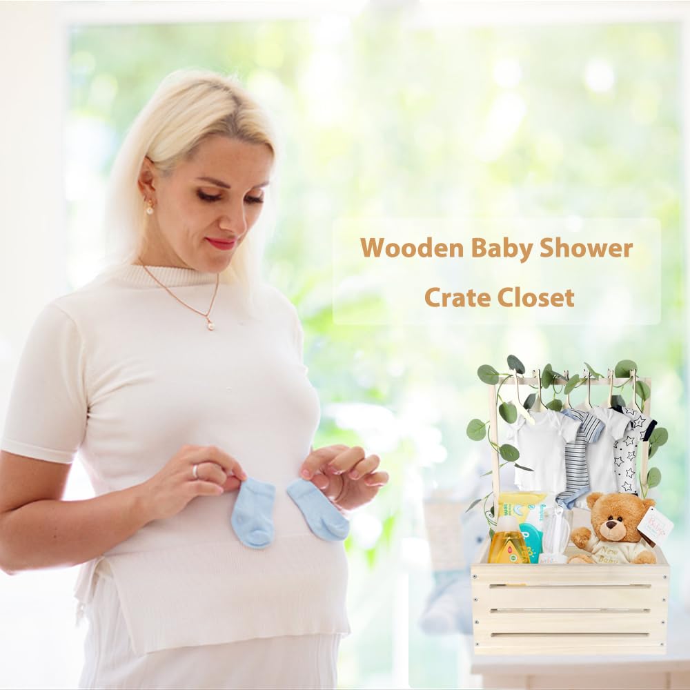 Holz Baby Geschenk Korb mit Griff, Kinder Kleiderbügel und Girlande, Baby Aufbewahrungskorb, Baby Dusche Kiste Schrank, personalisierte Baby Korb für schwangere neue Eltern.Gift Basket-Wood-DE