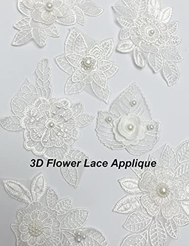 Luwigs 7 Pieces 3D Flower Lace Embroidery Appliques Pearl Patch Diy Wedding Dress Sewing Craft Clothing Jeans Jackets Bags (7Pcs, White) #TOP1