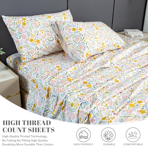 Bedlifes California King Sheet Set Ultra Soft, Breathable, Silky Flower Deep Pocket 100% Microfiber Bedding, 4 Piece Cal King Size Floral