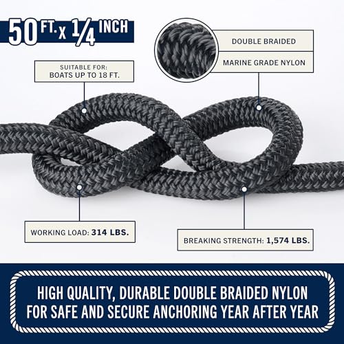 Image of RainierSupplyCo Boat Anchor Rope 50 ft x 1 /4 Inch - Double Braided Marine Rope Anchor Line - Nylon Boating Line with 316 Stainless Steel Thimble and Heavy Duty Marine Grade Snap Hook - Black