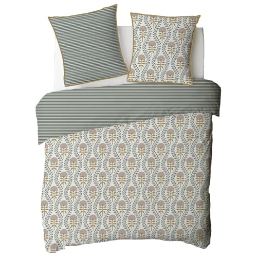 Linge de lit 260x240cm floral charme rayé aux finitions soignées avec boutons