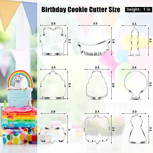 9 Pieces Birthday Cookie Cutter Set In Birthday Cake, Birthday Hat, Candle, Balloon, Banner, Present, Cupcake And Plaque Shape Stainless Steel Biscuit Cutter And 6 Pieces Sugar Stirring Pins #TOP1