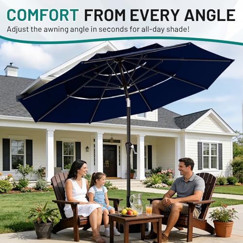 Image of AreShark 9ft 3-Tier Patio Umbrellas, Outdoor Umbrella with 8 Sturdy Ribs UV Protection Windproof, Market Table Umbrella w /Push Button Tilt & Crank for Pool, Porch, Deck, Garden(Navy)