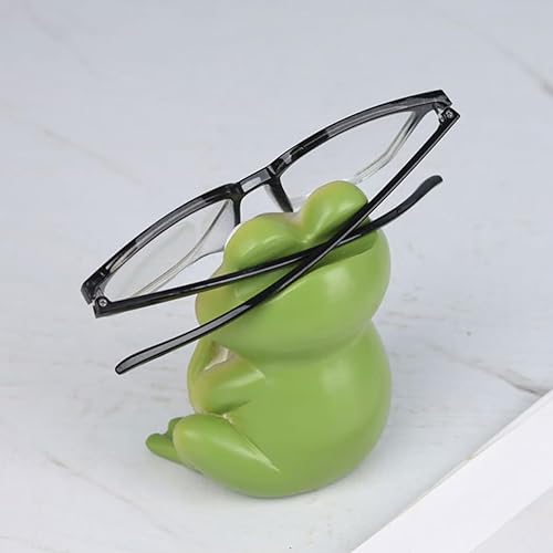 Miniatura 6 de Lindo soporte para lentes de estatua de rana pensante, divertida estatua de rana de resina, escultura única de gafas de sol para mesita de noche,