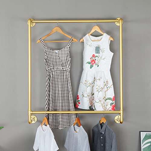 Ethemiable Industrial Modern Metal Clothing Store Display Stands,Wall Mounted Garment Rack, Double Bar Hanging Clothes Storage Pipe Shelf, Home Towel Rack (Gold, 39" L) #TOP2