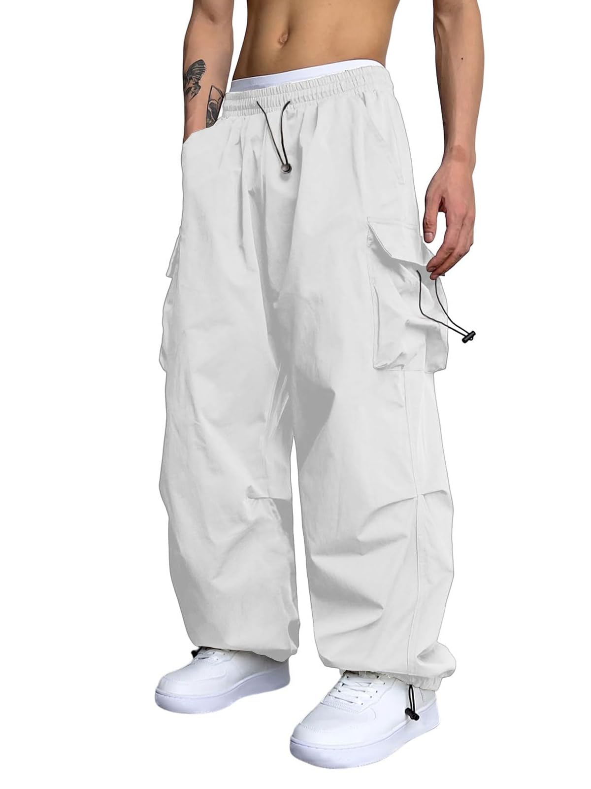 Photo 1 of ZAFUL Flat Pocket Parachute Pants for Men Causal Baggy Cargo Pants Unisex Street Y2K Pants Drawstring Trousers White M