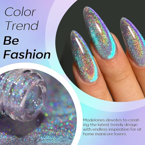 Image of modelones 9D Magnetic Cat Eye Gel Nail Polish, Holographic Blue Purple Rainbow Shimmer, 15ML UV LED Soak Off Gel Manicure Design - Reflective Top Coat for Women & Girls