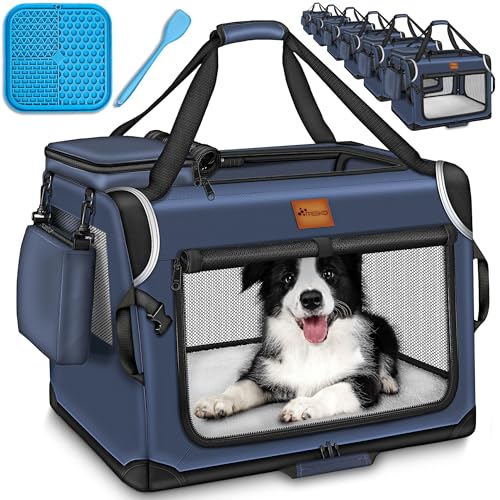 TRESKO® Hundebox faltbar inkl. Leckmatte, Spatel & Reflektoren S 50x34x34cm | Transportbox für Hunde und Katzen | Hundetransportbox Auto für kleine & große Hunde | Hundetasche robust Navyblau