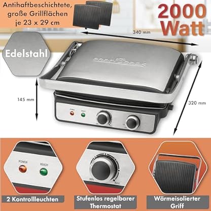 ProfiCook® Kontaktgrill für fettfreies Grillen | Elektrogrill für z.B. Panini, Steaks, Toasts | Elektro Grill mit stufenlos regelbarem Thermostat | Barbecue Grill mit 180° Öffnung | 2000W | PC-KG 1264 – Bild 8