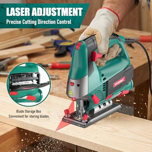 HYCHIKA 6.7A 800W Corded Jig Saw, Jigsaw Tool Power Jig Saws,6‑Speed Up to 3000 SPM, 4 Orbital Settings, Laser Guide, ±45° Bevel Cutting, Tool‑Free Blade Change, 6 Blades for Wood Metal Plastic - image 6
