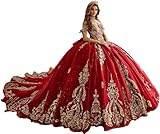 YuVanty Gold Appliques Dress for 15 16 Red and Gold Quinceanera Dress with Bow Shiny Beaded Ball Gown Long with Tail Long Sweet 16 DAMA Dresses 8